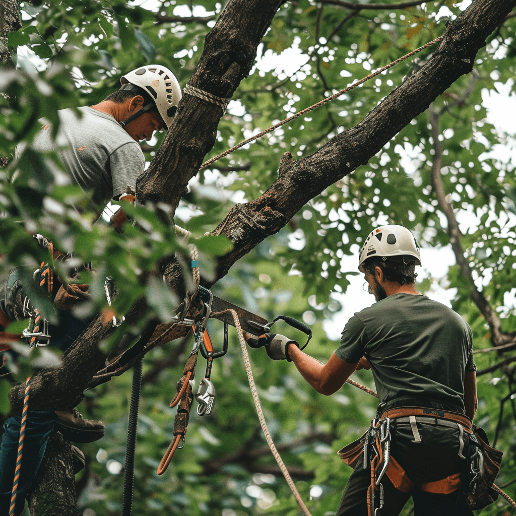 AI-generated image of professional Midwest Pros team performing safe tree removal with climbing gear and ropes in a lush, green Midwest setting.