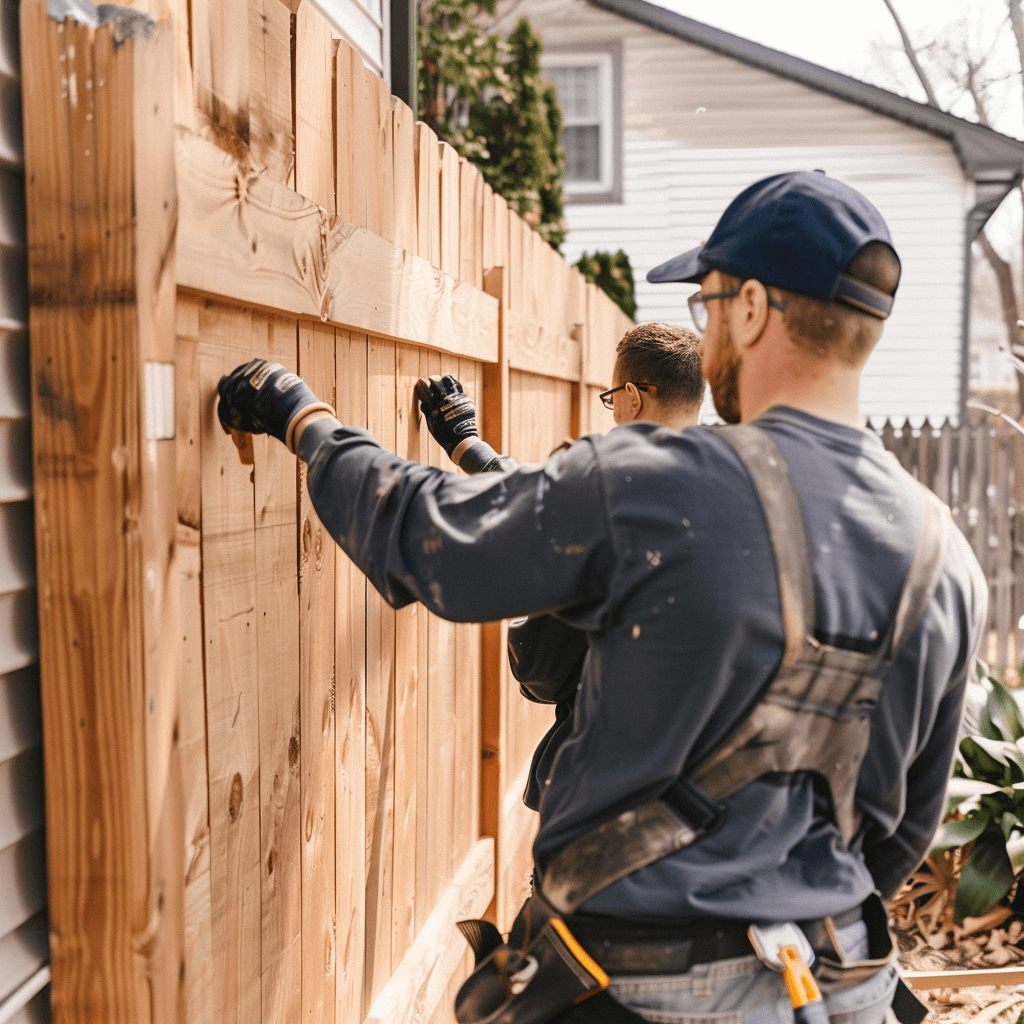 AI-generated image of a professional Midwest Pros team installing a high-quality wooden fence at a residential property in Kansas City, showcasing expert craftsmanship and trusted outdoor services.