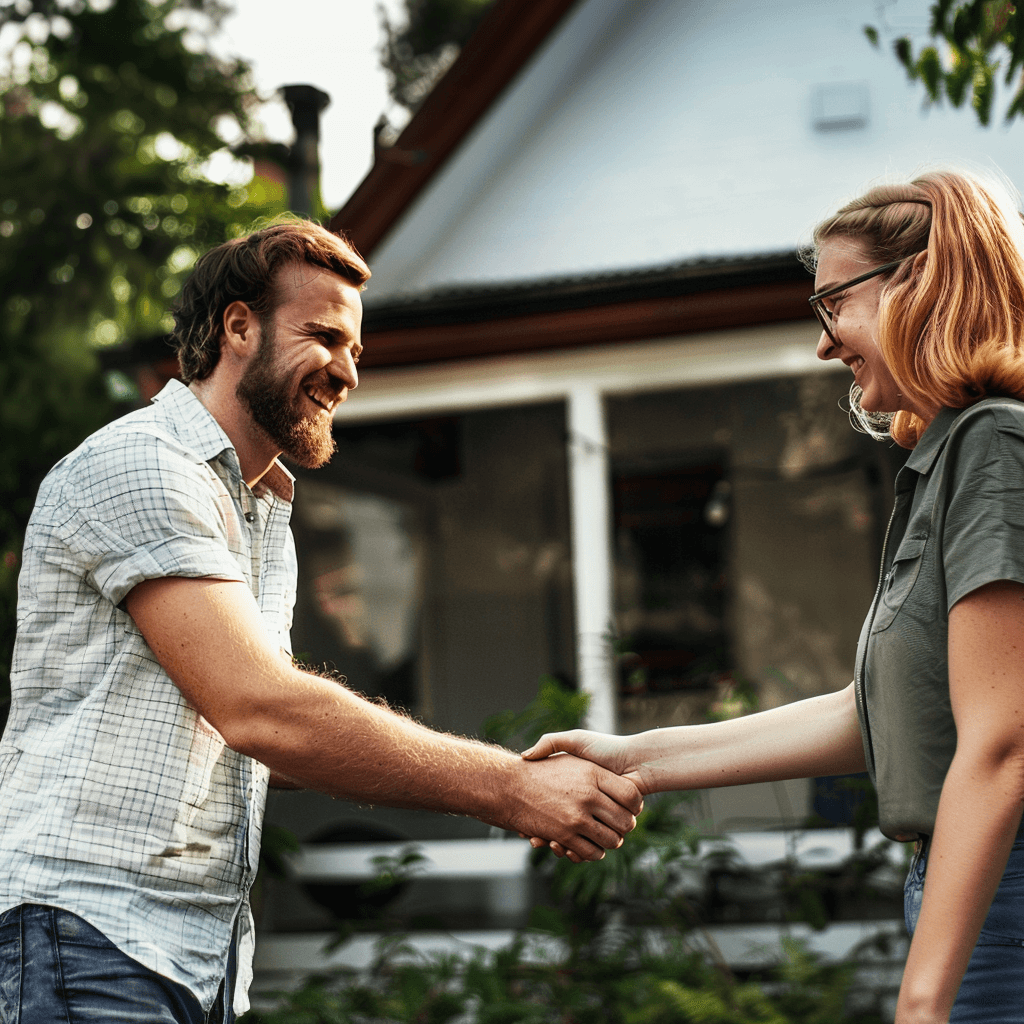 AI-generated image of a friendly handshake between a Midwest Pros representative and a satisfied customer in front of a residential home, highlighting hassle-free outdoor solutions.